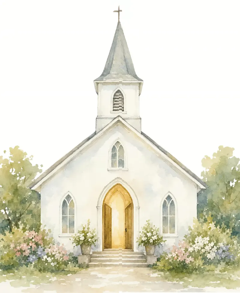 Watercolour illustration of a church with an open, light-filled doorway