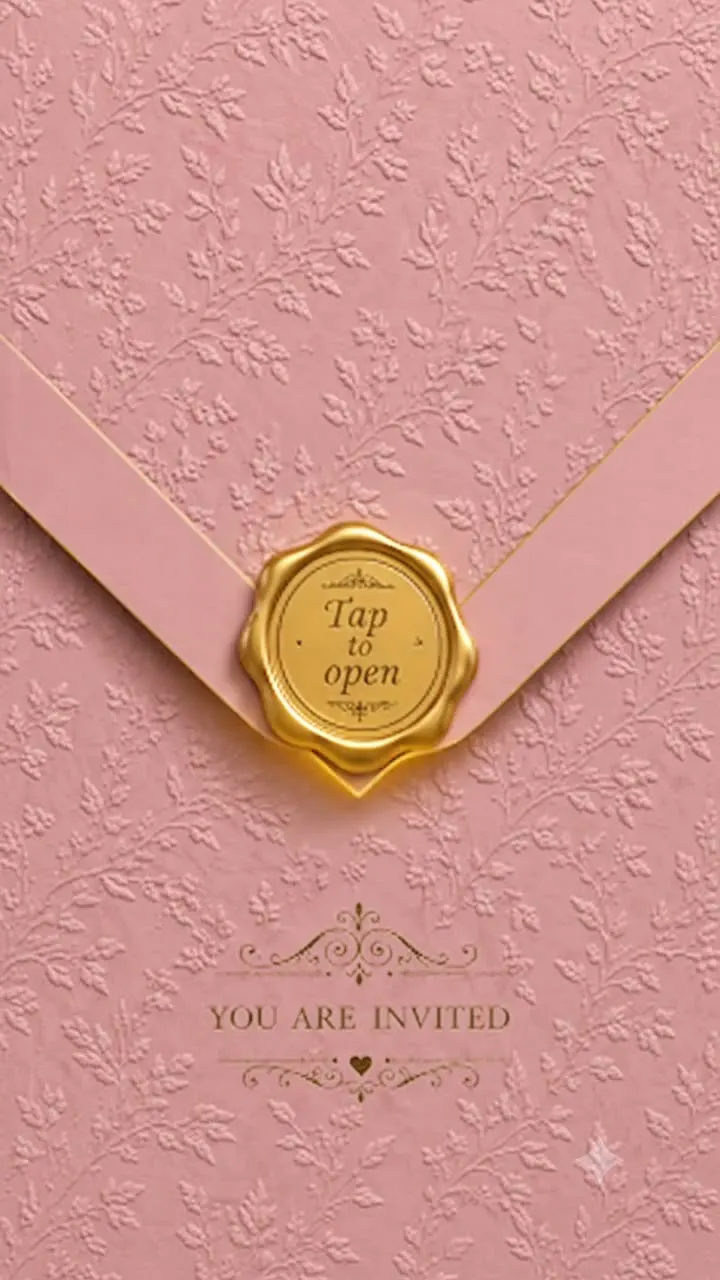 A blush embossed envelope with a gold wax seal reading Tap to open, and You are invited.